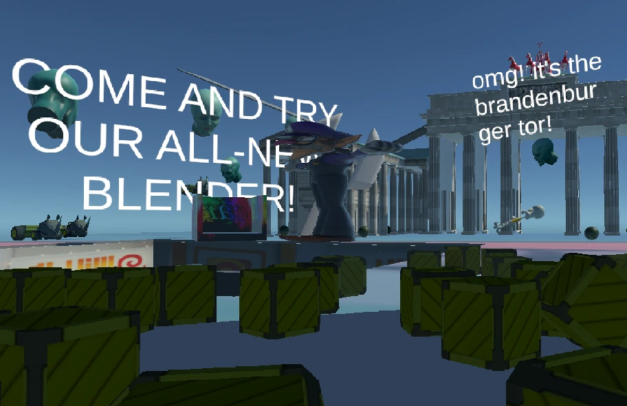 Screenshot of Hypertext Unity level. Crates are strewn across the floor, Waluigi is flying in front of the camera, and text such as 'COME AND TRY OUR ALL-NEW BLENDER' and 'omg! it's the brandenburg er tor!' is displayed.