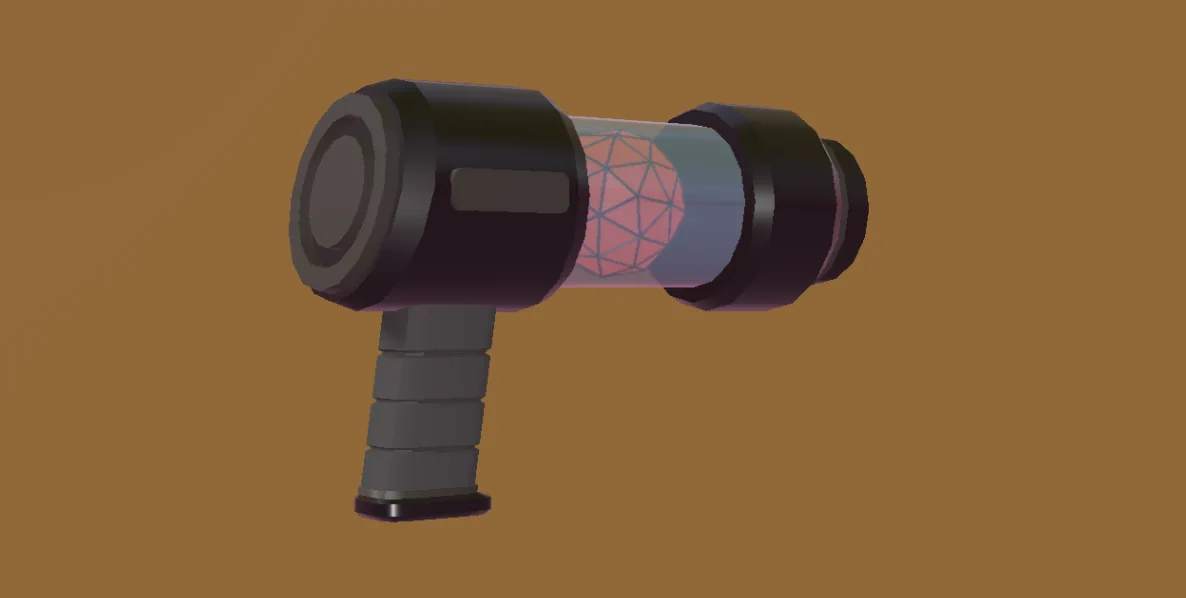 An image of the N5 Blaster. Its lights are turned off, and the icosphere in the middle is dimly glowing.