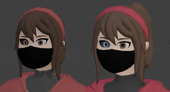 A comparison of Laura's eyes. Left is the old style with a red eye, right is the new style with a blue eye.