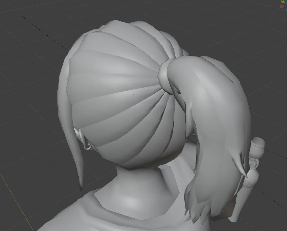An unshaded view of the back of Laura's head, with her tied-up hair at the centre.
