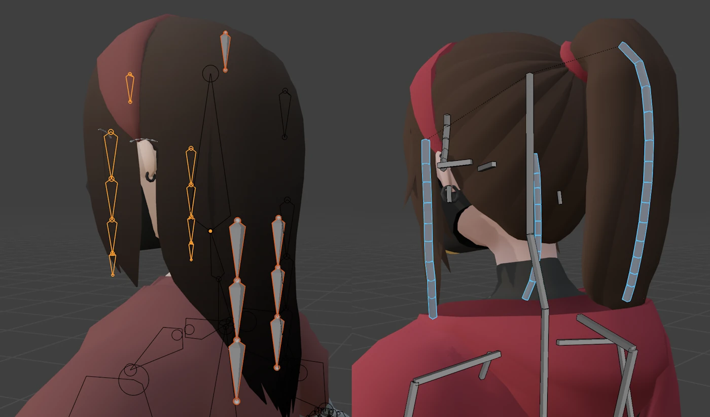 Comparison between Laura's skeletons. On the left is her old model with few bones controlling her hair. On the right is her new model with significantly more bones controlling her hair.