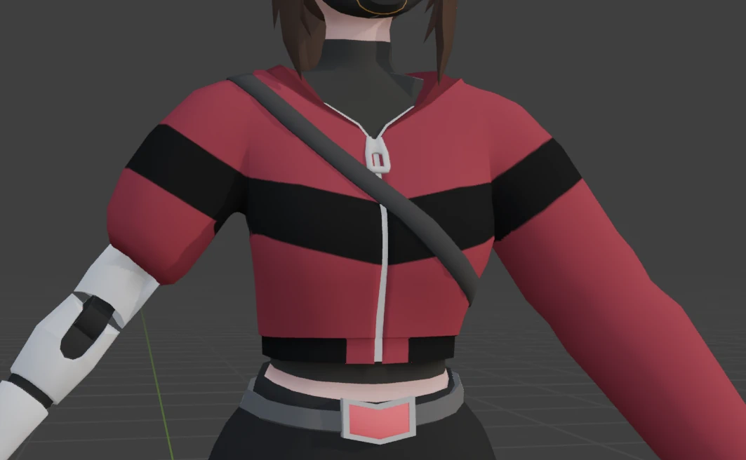 New hoodie with a V-shaped pattern in black textured on top. There's also a V-shaped belt buckle with a red highlight in the middle beneath.